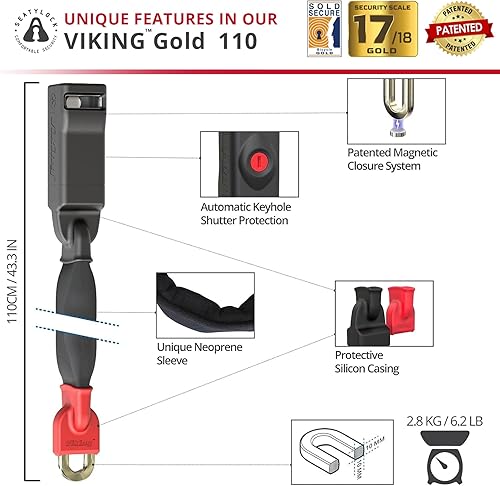 Miniatura 6 de Seatylock Viking - Candado de cadena para bicicleta con llave, magnético patentado, se vende con clasificación de oro seguro, antirrobo resistente,