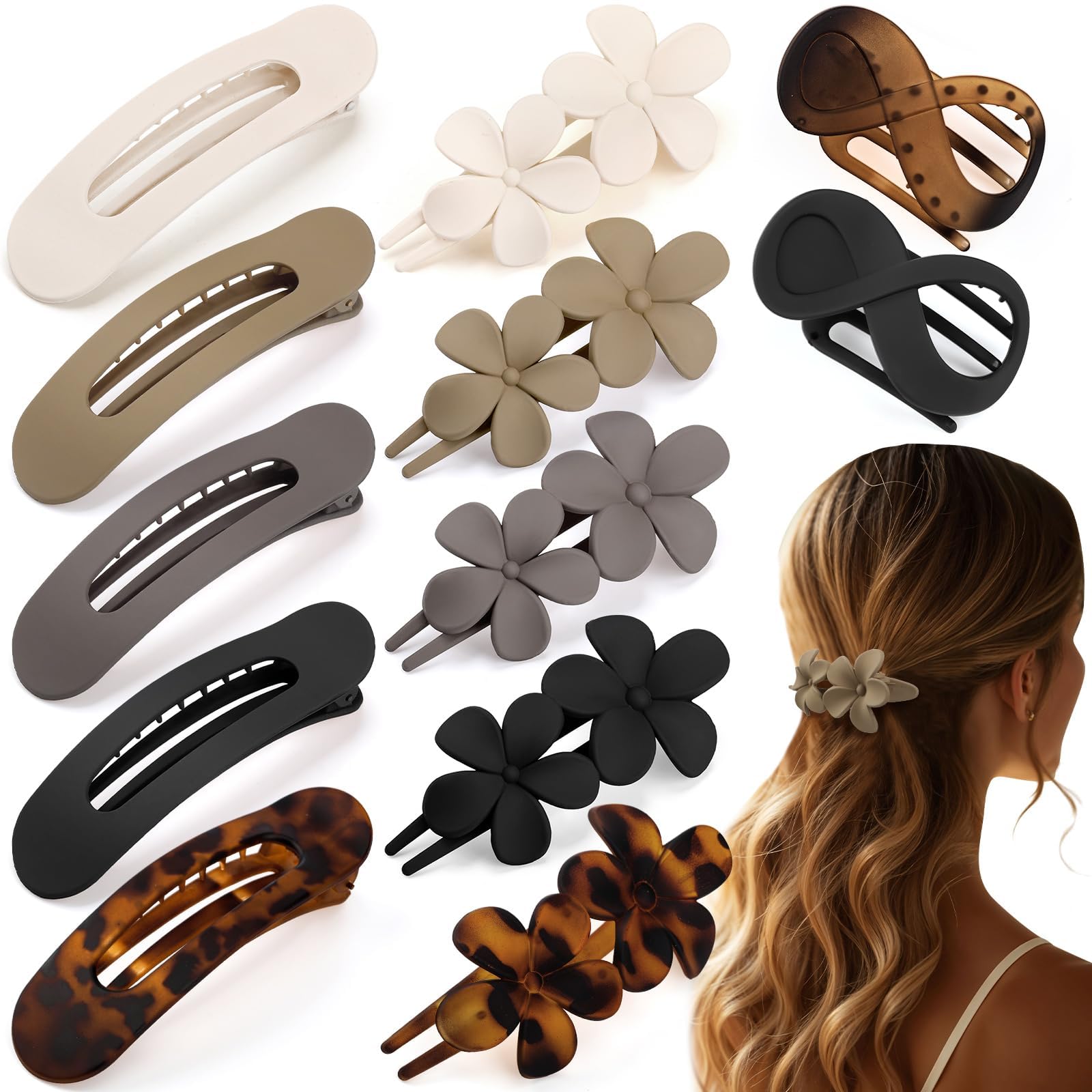 Photo 1 of 12 Pcs Flat Hair Clips for Women, Lay Flat Claw Clips French Concord Hair Clips, 3 Styles No Slip Matte Claw Clips for Thin Thick Hair (Tortoiseshell)