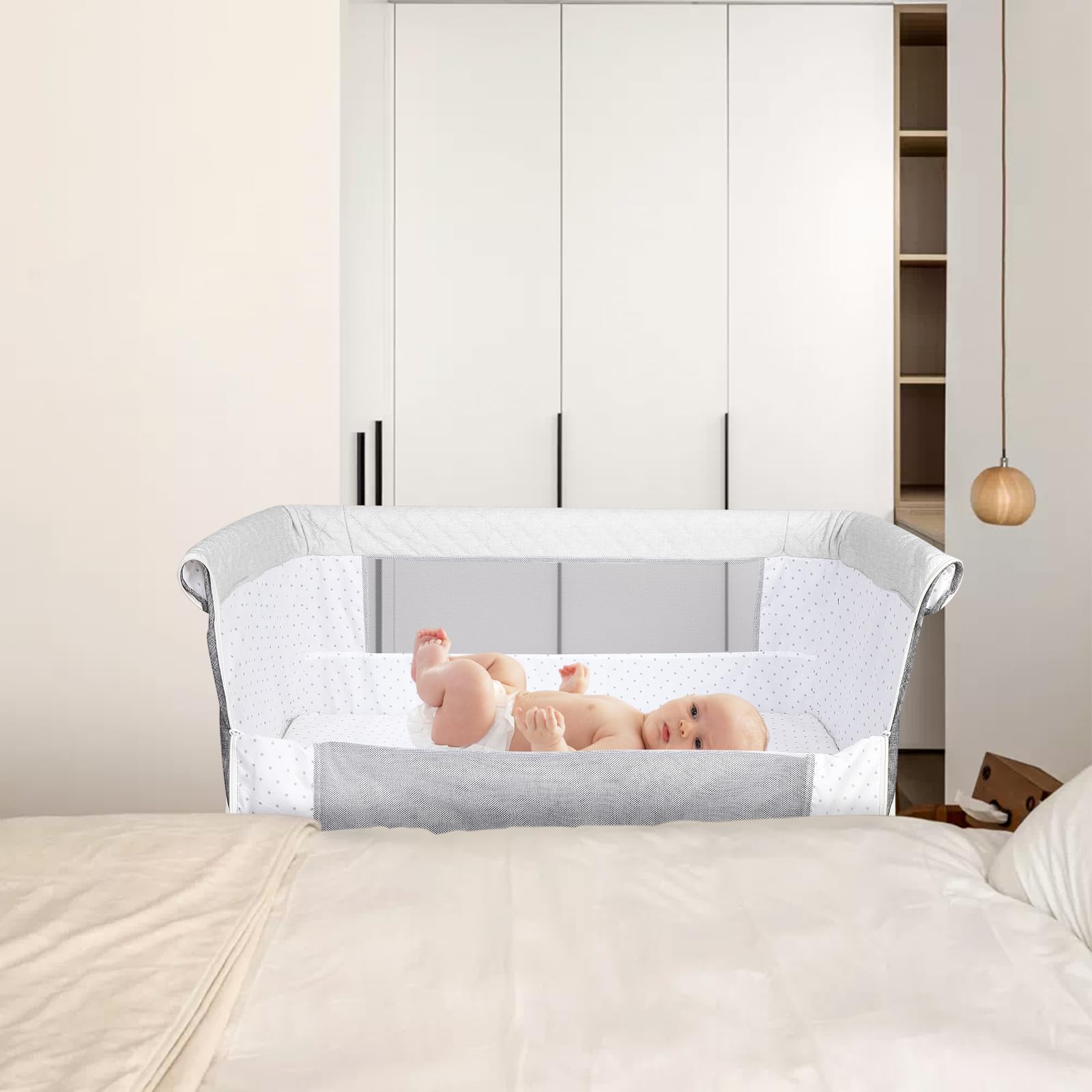 OHMG 3 in 1 Babybett bis 9 kg,Beistellbett,Wiege,Höhenverstellug und Einstellung der Neigung der Matratze,4 Räder mit Bremse Ergonomische Matratze Tasche (95x50x98-110cm(grau))