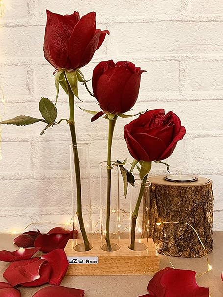Labzio Home - Flower Vase with 3 Hand Blown Borosilicate glass test tubes in a Small Rectangle Wooden Block Stand