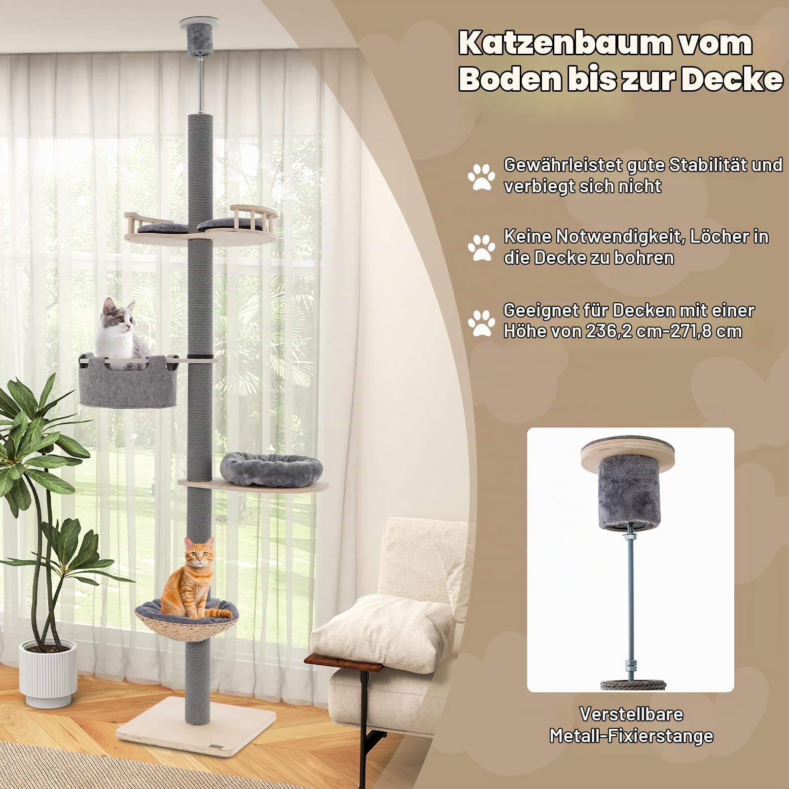 FANTASK Kratzbaum deckenspanner, 236-271 cm, 5 Etagen bis zur Decke reichender Katzenturm, Katzenkratzbaum mit Hängematte & Korb & Bett, Katzen Katzenmöbel Holz (Grau)