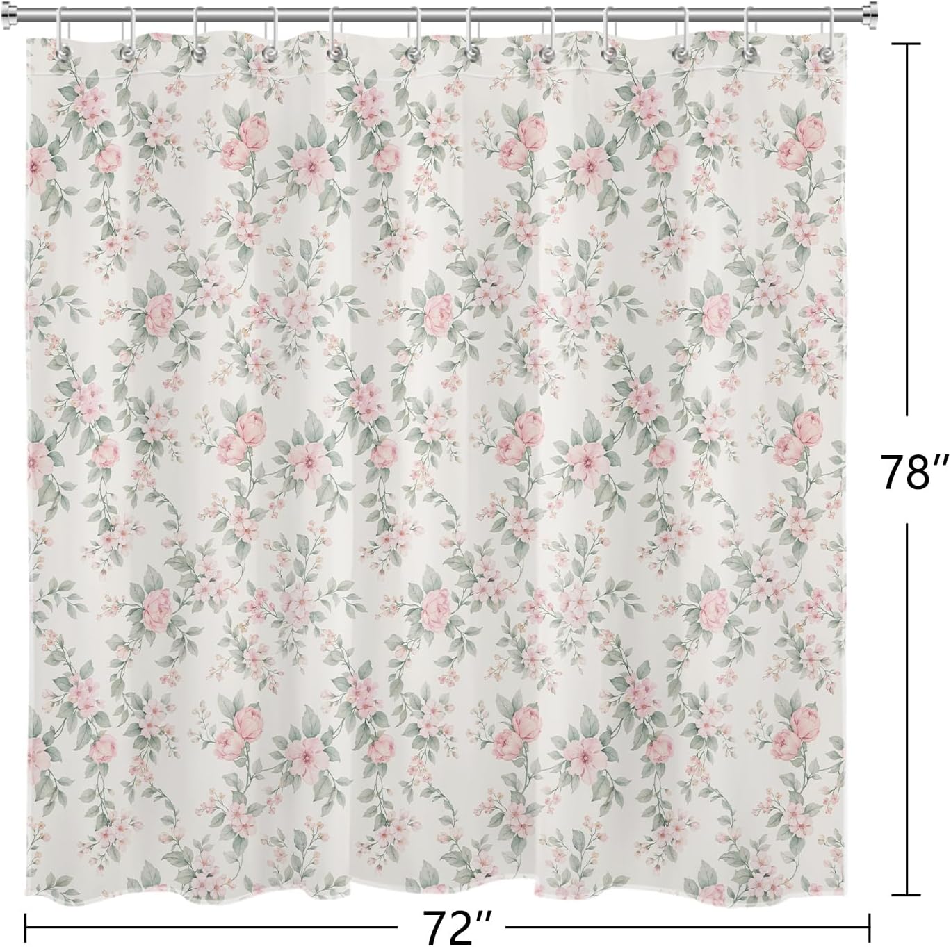Pink and Sage Green Floral Shower Curtain, Vintage Farmhouse Flower Shower Curtains for Bathroom, Cottage Bathroom Decor 72Wx78H