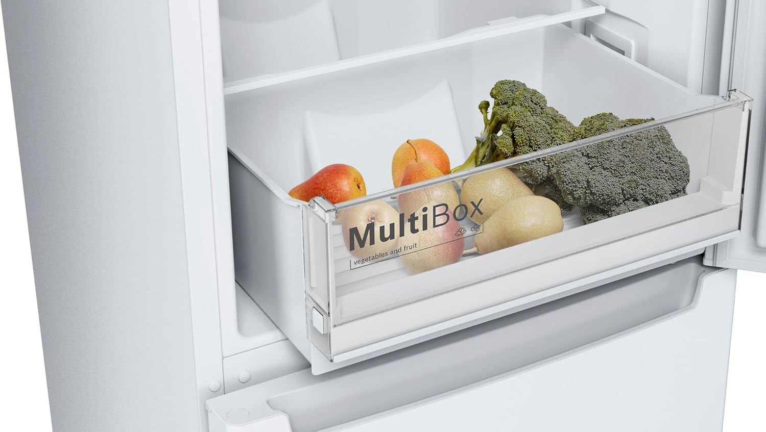 Close-up of the MultiBox drawer in the refrigerator, filled with fruits and vegetables