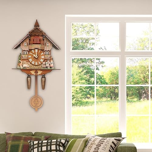 Miniatura 8 de Reloj de cuco vintage, reloj de cuco montado en la pared con campanadas de cuco cada hora, relojes de cuarzo artesanales de madera tradicional del