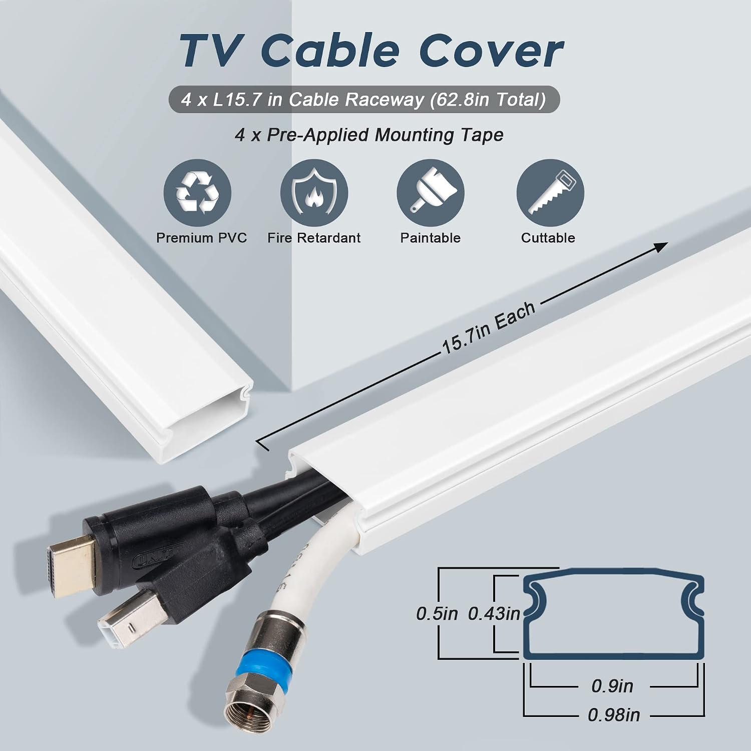 62.8in Grey Cord Hider for TV on Wall, Paintable Cord Cover Wall Kit image 2