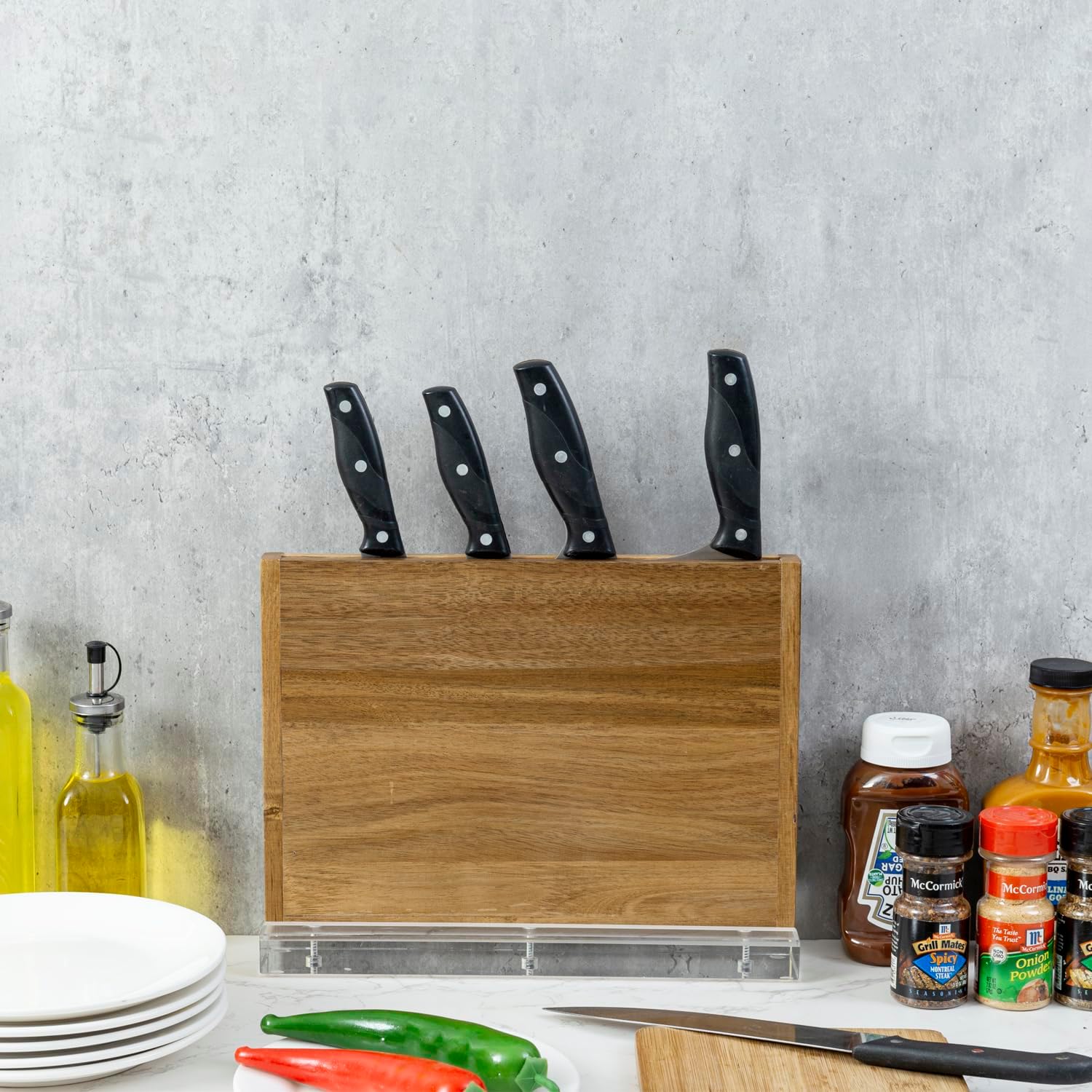 MyGift Modern Knife Holder Block, Premium Acacia Wood Tabletop Chef Knife Block Rack Stand with Thick Clear Acrylic Base