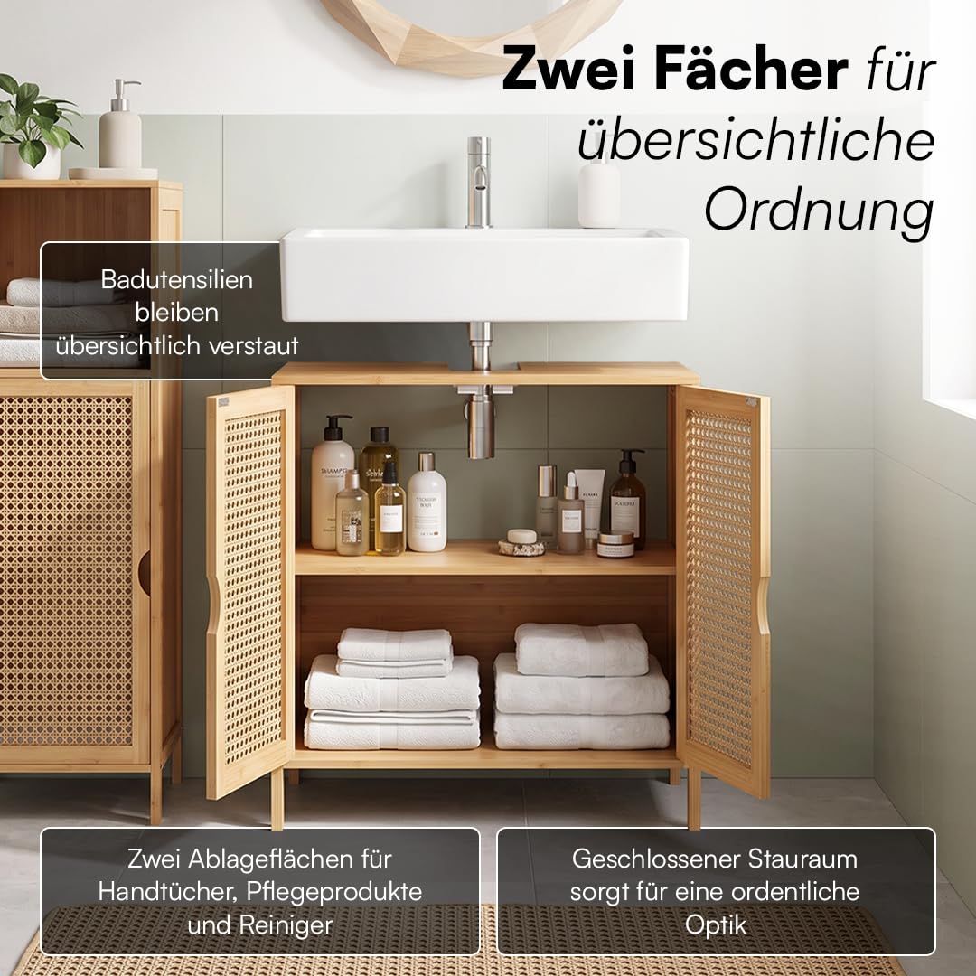 Bellamio Raba Waschbeckenunterschrank 2 Fächer, 2 Türen, aus Bambus/Rattan