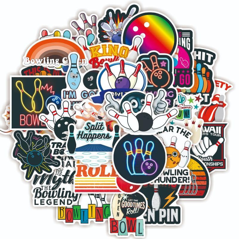 Bowling Life 50pcs Waterproof Vinyl Decals Stickers for Gym Wall, Water Bottles, Laptop, Cups, Skateboard, Phone, Guitar - King Theme