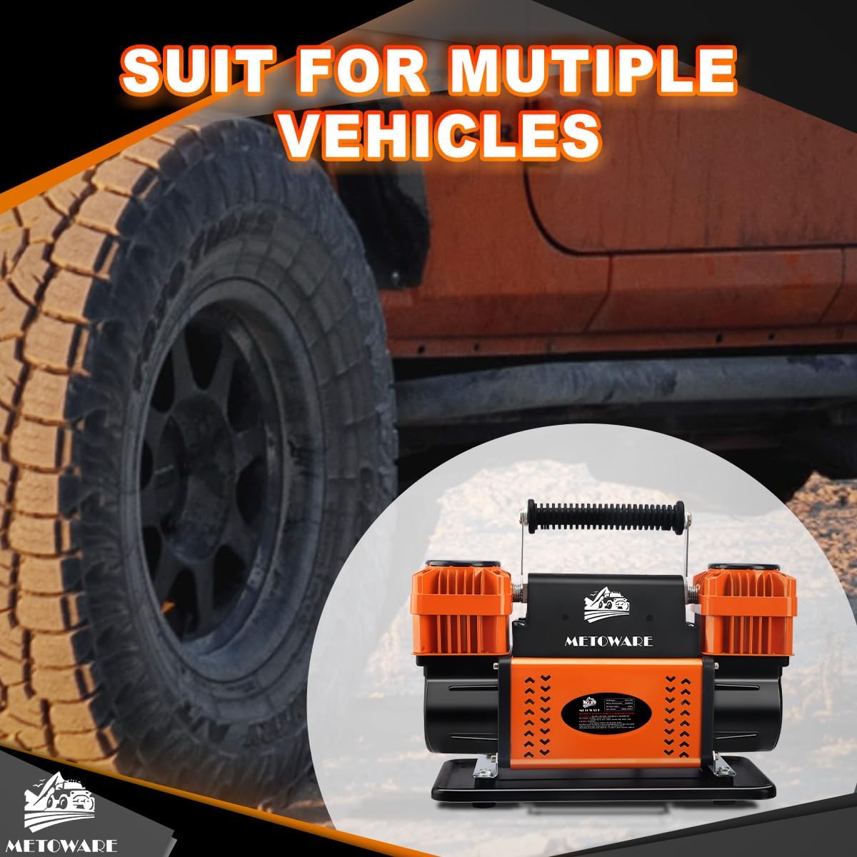 METOWARE Offroad Air Compressor, 12 V Portable Air Pump with 10.6 CFM, Dual Cylinder Tire Inflator for Car Heavy Duty, Max 150PSI for 4 × 4 SUV Vehicle RV ATV Truck