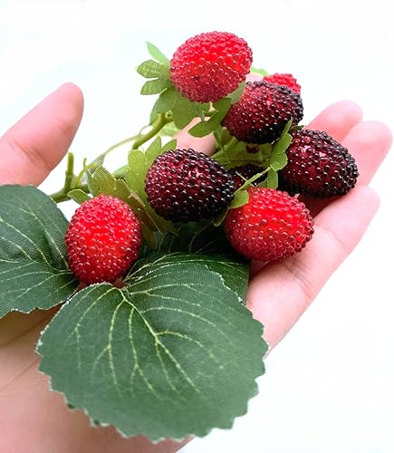 Miniatura 6 de M2cbridge 4 piezas artificiales de frambuesa roja baya, fresa, fruta sintética, decoración de mesa (rojo con negro)