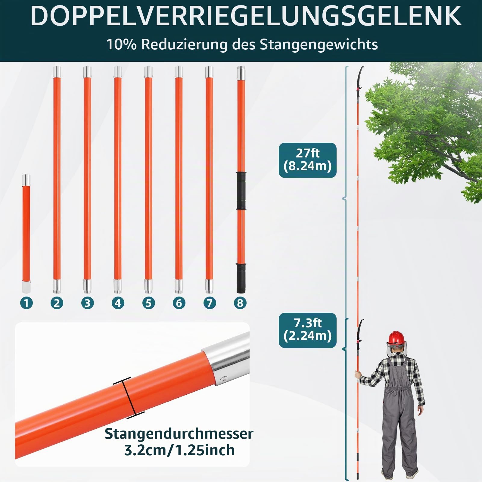 Astsäge mit Teleskopstiel,8 m Höhenverstellbar 2,24m-8,24m Klinge aus Kohlenstoffstahl mit Tragetasche und 2 Sägeblätter bis 10m Arbeitshöhe Manual Pole Saw for Pruning Palms and Shrubs