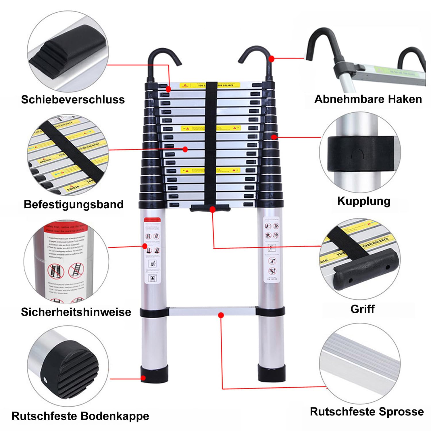 6,2m Teleskopleiter Klappleiter mit Haken, Mehrzweckleiter Alu Leiter Rutschfester Ausziehbare Robust Stehleiter, 150 kg/330 Pfund Belastbarkeit, Ausziehbar Aluleiter für Garten Innen