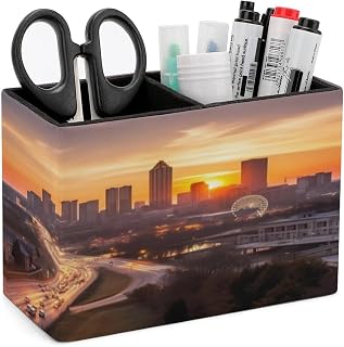 PU Leather Pen Holder with 2 Slots Atlanta City Desk Organizer | Rectangle Pencil Box for Office Supplies Stationery Accessory, Desktop Organizer for Studio Vanity Bathroom Nightstand Dorm