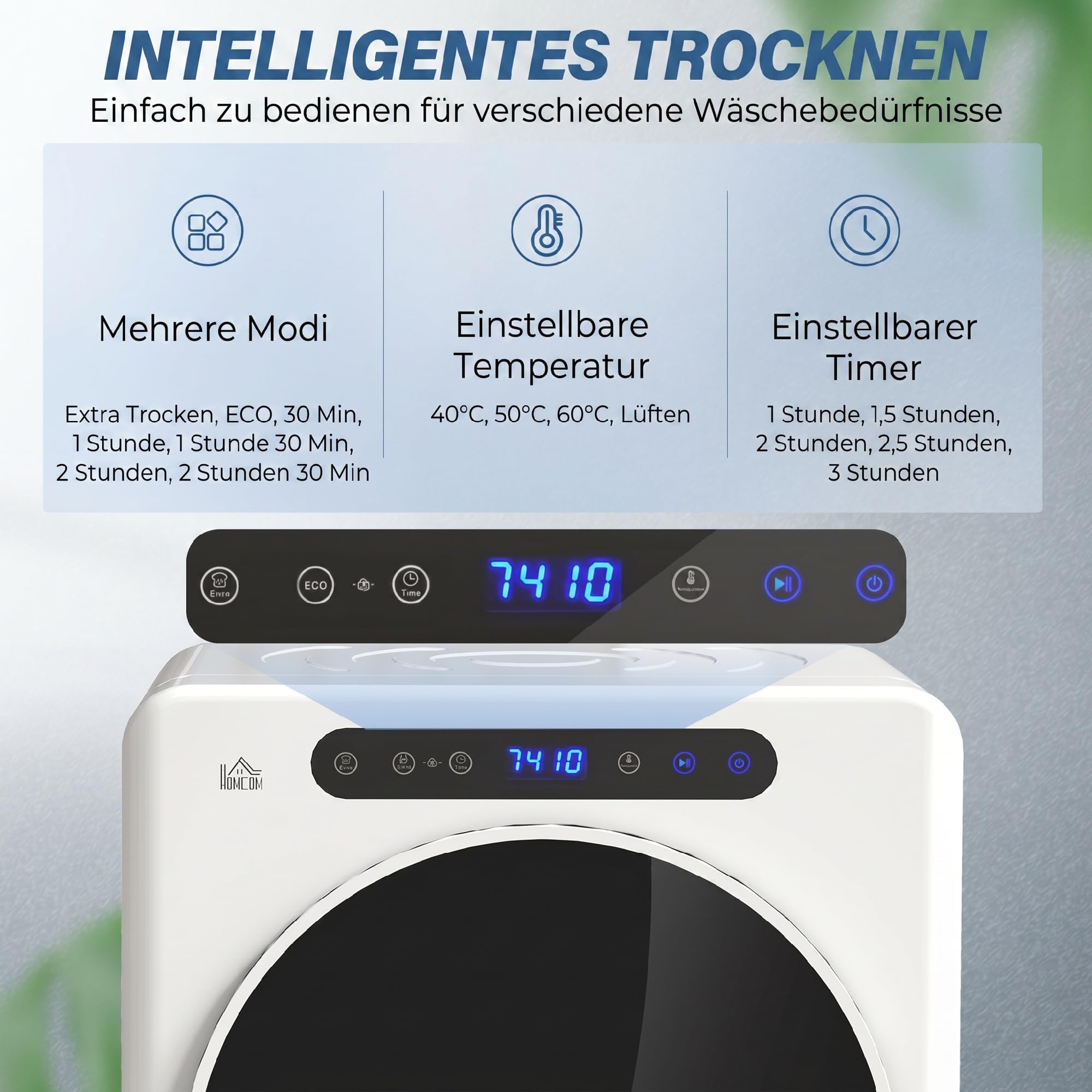 HOMCOM Mini Ablufttrockner 5kg Wäschetrockner mit Sterilisation, 6 Programmen bis zu 60℃, 1000W Trockner mit Touch-Screen, Knitterschutz, Edelstahltrommel, Extra-Trocken-Modus Weiß