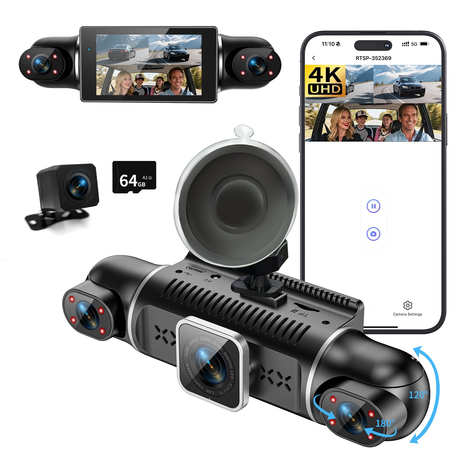4 Kanal Dashcam Auto Vorne Hinten 4K/1080P,360° Dasch-Cam Auto mit 64GB SD | 3" IPS-Bildschirm,4X 140° Weitwinkel,WDR,G-Sensor,Dashcam mit parküberwachung,Loop-Aufnahme,WiFi