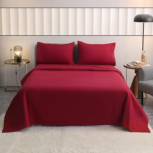 Cove Muse Queen Size Bed Sheets 4 Piece Soft Microfiber 1800 Thread Count Bed Sheets Queen 16-Inch Deep Pocket Queen Sheets Fade Resistant & Machine Washable (Queen, Burgundy)