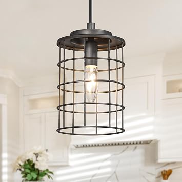 LALUZ Farmhouse Pendant Lights, 5 Mini Kitchen Pendant Lighting Over Island Sink, Brushed Aged Silver Industrial Cage Metal Hanging Light Fixtures for Dining Room Hallway
