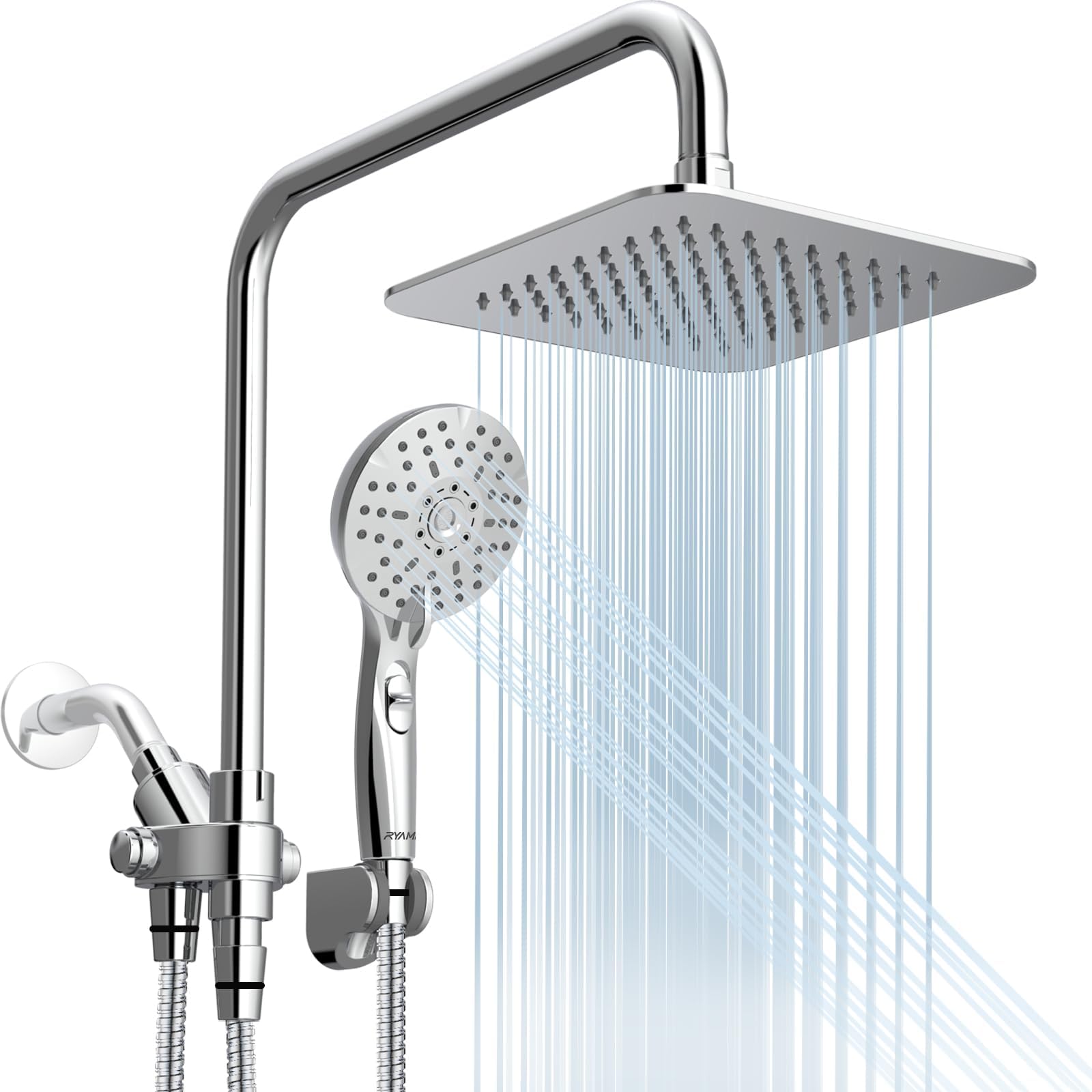 RyamenDual Shower Head Combo, 8'' High Pressure Rain/Rainfall Shower Head,5 Settings Adjustable Handheld Showers,with 15" Height Adjustable Slide Bar,Holder/Hose, Angle Adjustable, Chrome
