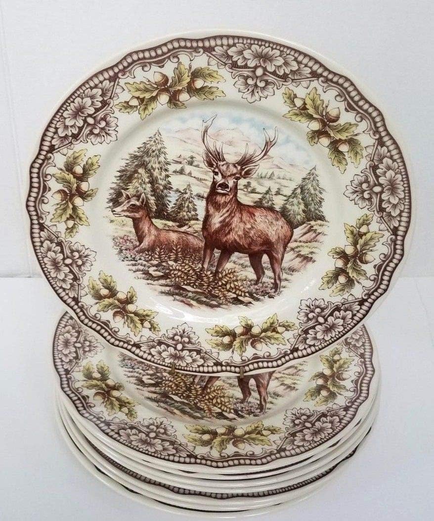 The Victorian English Pottery Thanksgiving Homeland Deer Dinner Plates Set Of 8