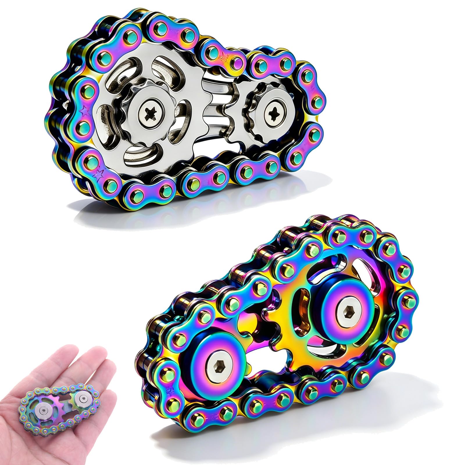 2 Pcs Bike Chain Fidget Toy, Fidget Toys Adults With Bicycle Chain Gear Design, Metal Fidget Toys for ADHD, ADD, Autism, Anxiety Relief for Adults and Teens (Multi-Colored)