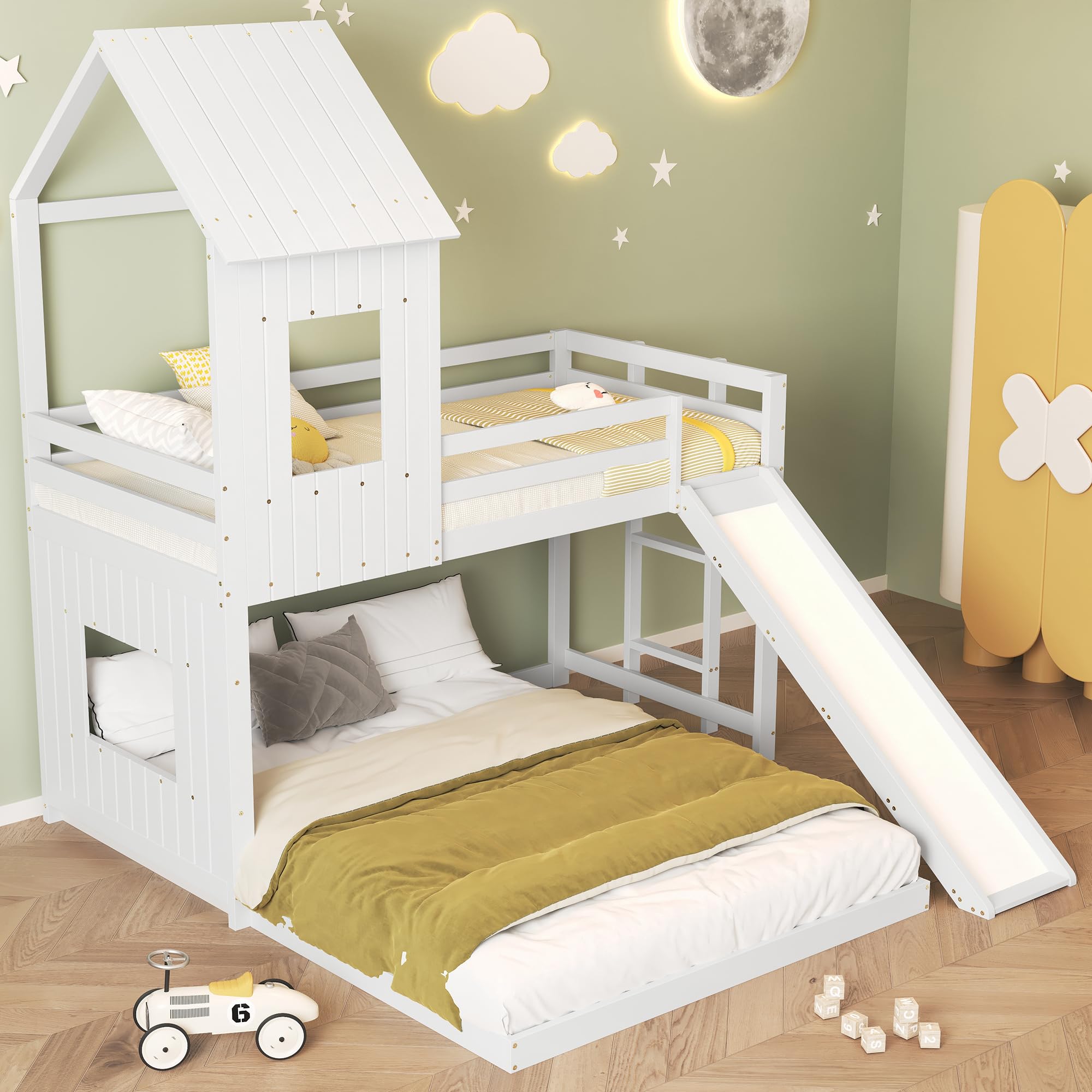 Rtopsu Letto per Bambini a Castello 90x200 cm & 140x200 cm con Scivolo, Letto a Soppalco con Scala, Struttura del Letti con Rete a Doghe in Legno, Letti Casa per Ragazzi, Bianco, Senza Materasso