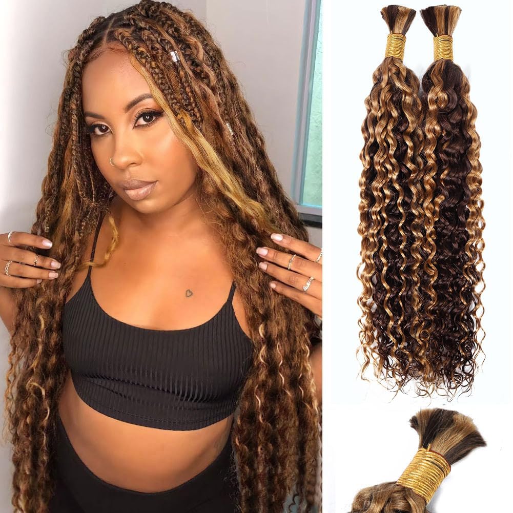 Ombre Braiding Hair Water Wave Bulk 100g 24 Inch P4/27 Curly Human Hair for Boho Braids Hair Extensions No Weft 2 Braids Per Pack Wet and Wavy Human