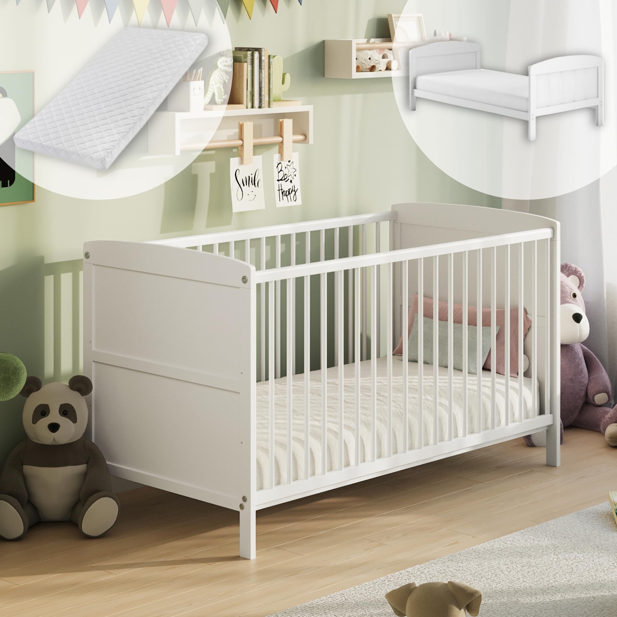 Babybett 70x140 umbaubar mit Matratze, Gitterbett Kinderbett höhenverstellbar & herausnehmbare Sprossen optional mit Schublade | weitere Größe: 60x120cm | 70x140cm: von Geburt bis 6. Lebensjahr, Weiß