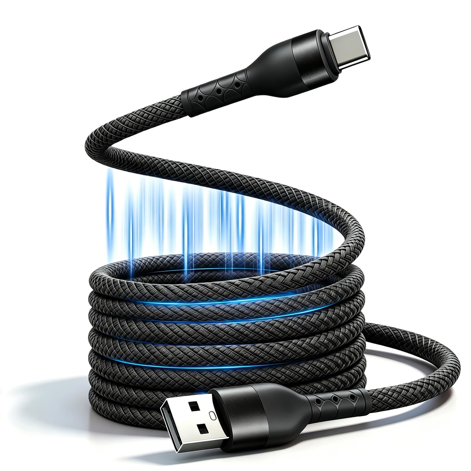 Magnetisches Ladekabel USB C für Auto & Schreibtisch, Elastisches USB A auf USB C Kabel 60W Schnellladekabel Verwicklungsfrei Kompatibel mit iPhone 17 16 Pro Max Samsung S24(1,5M, Schwarz)