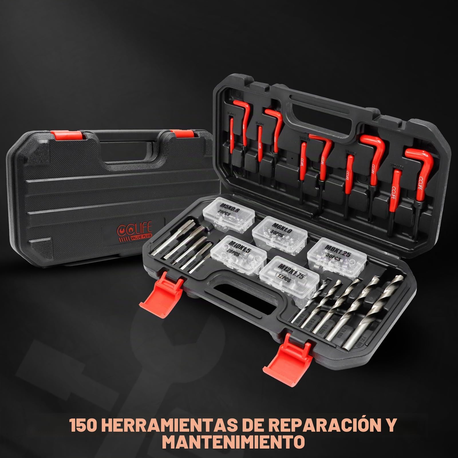 CCLIFE Juego de reparación de roscas, 150 piezas, HSS Helicoil Set con rosca M5, M6, M8, M10 y M13, juego de herramientas con almacenamiento portátil