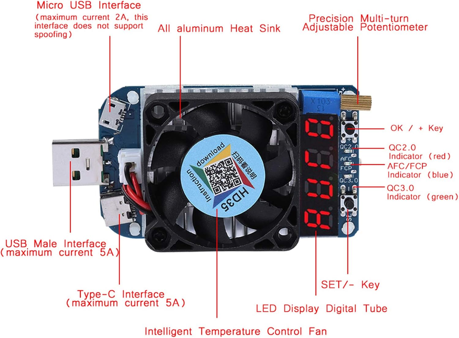 Pilipane USB Electronic Load Resistor Tester HD35 5A 35W Intelligent Spoofing Trigger Fast Charge Protocol 4Digit LED Display Auto Power Off Protection for Battery Testing Electronic
