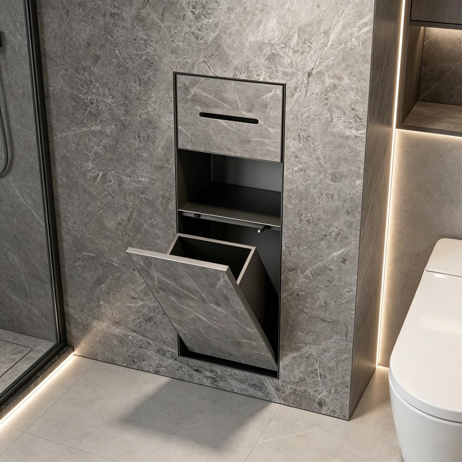 Elegante armadietto da bagno a parete con porta carta igienica e contenitore in acciaio inox, salvaspazio, montaggio a parete, per arredamento moderno e soluzioni di archiviazione efficienti