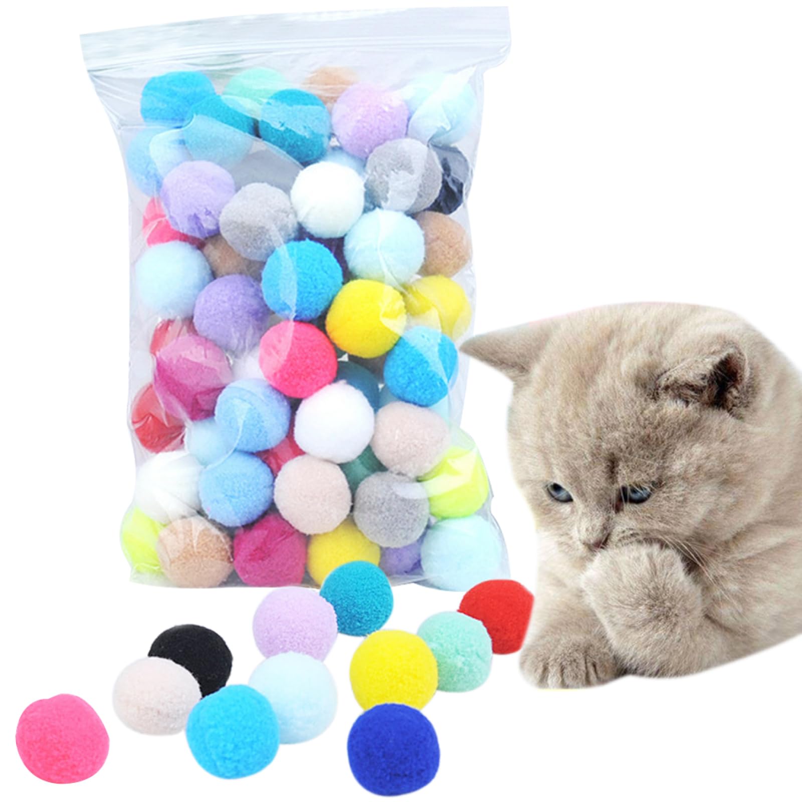 Juguete para Gatos, Pelota de Peluche elástica for Gatos 2,5 cm, Juguete Interactivo Creativo y Colorido con pompón for Masticar, 100 Unidades