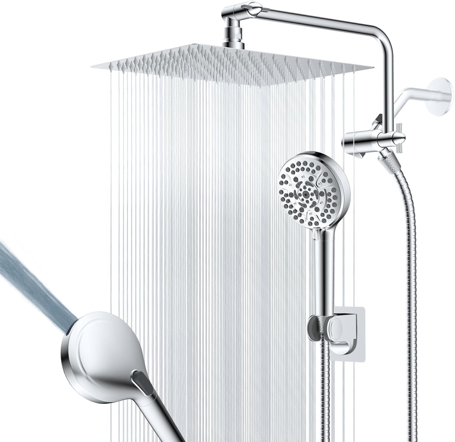 12" All Metal Shower Head, High Pressure Rainfall Shower Head/Handheld Showerhead Combo with 11" Adjustable Shower Extension Arm, 71" Hose, Shower Head Holder, Chrome