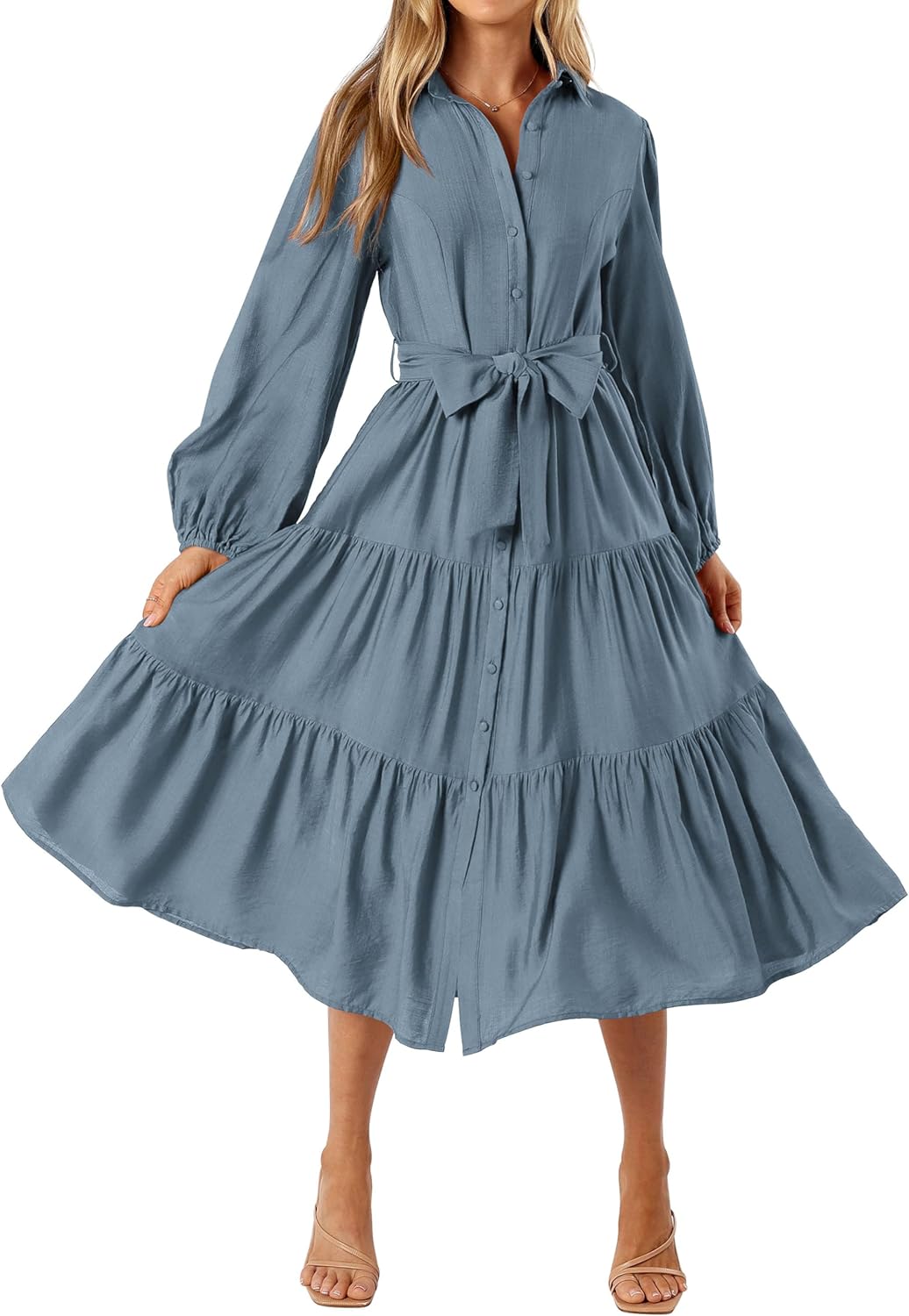 MASCOMODA Womens Dresses 2026 Fall Long Sleeve Midi Dress Casual V Neck Button Down Tiered Flowy Aline Tie Waist Shirt Dress