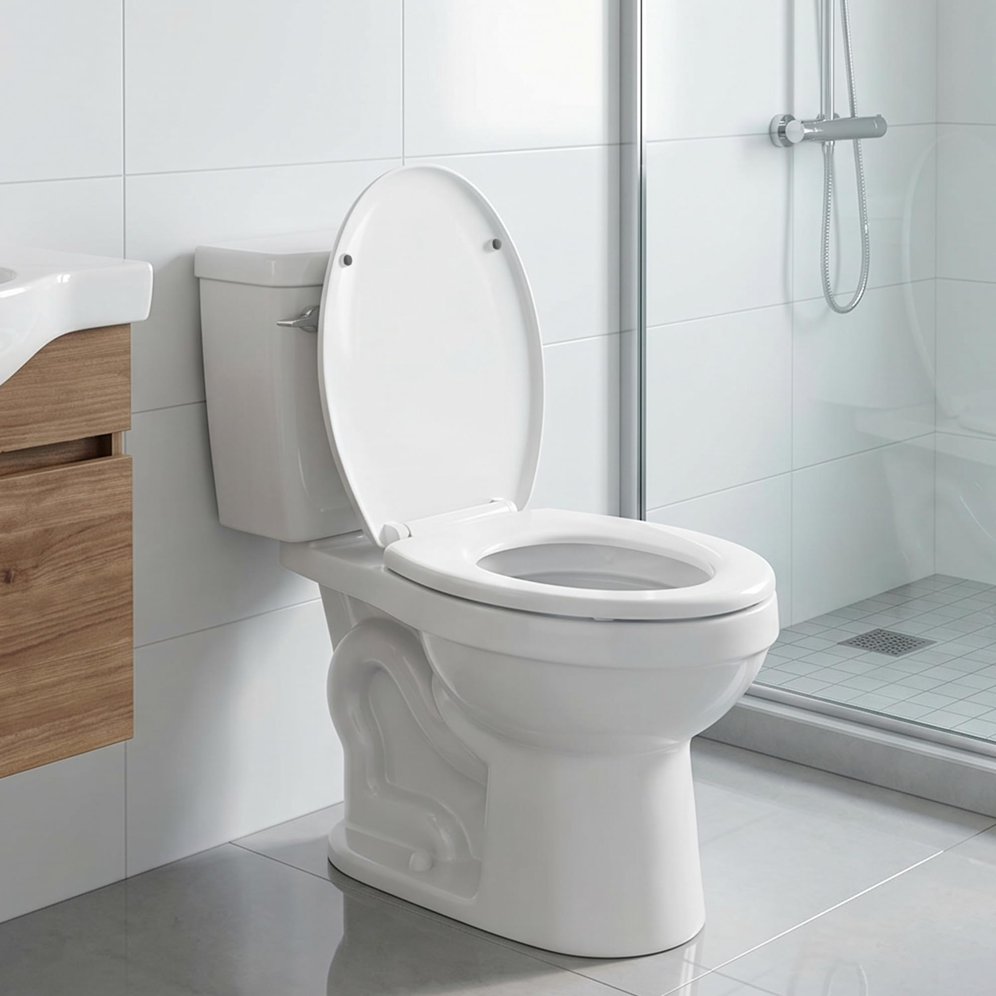 Abattant WC à fermeture amortie avec libération rapide pour un nettoyage facile, siège de toilette standard ovale, fixation par le haut, siège de toilette universel, anti-claquement, blanc