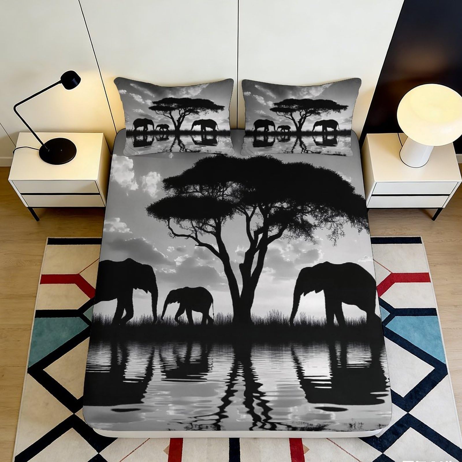 3D Printed African Elephant Fitted Sheet Microfiber Black White Savanna Tree Mattress Cover Bedroom Decor 90x200x25cm