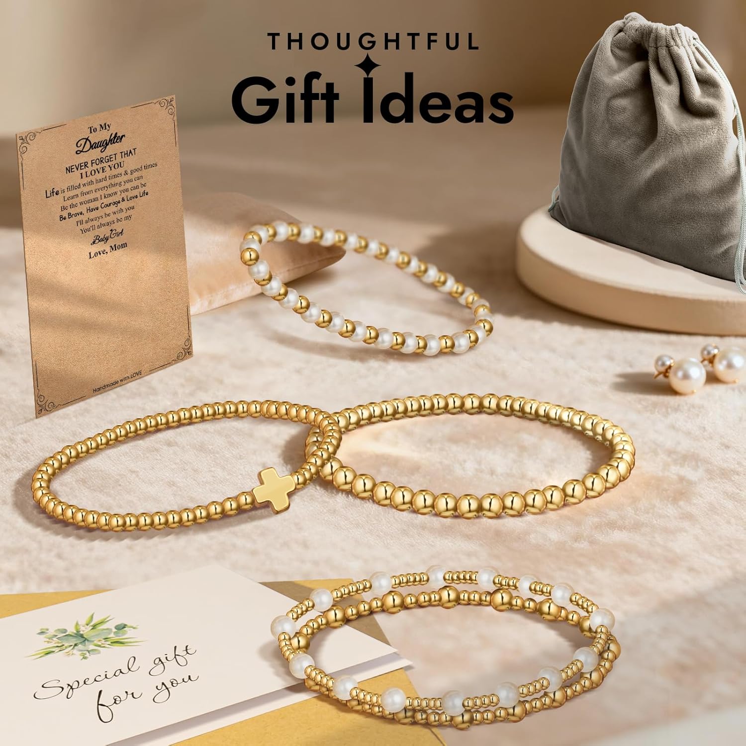 Gold Plate Bracelet Gifts for Women: 14K Gold Plated Dainty Bead Pearl Cross Bracelet Stretchable for Women - Christmas Birthday Gifts for Daughter Niece Granddaughter - Image 6