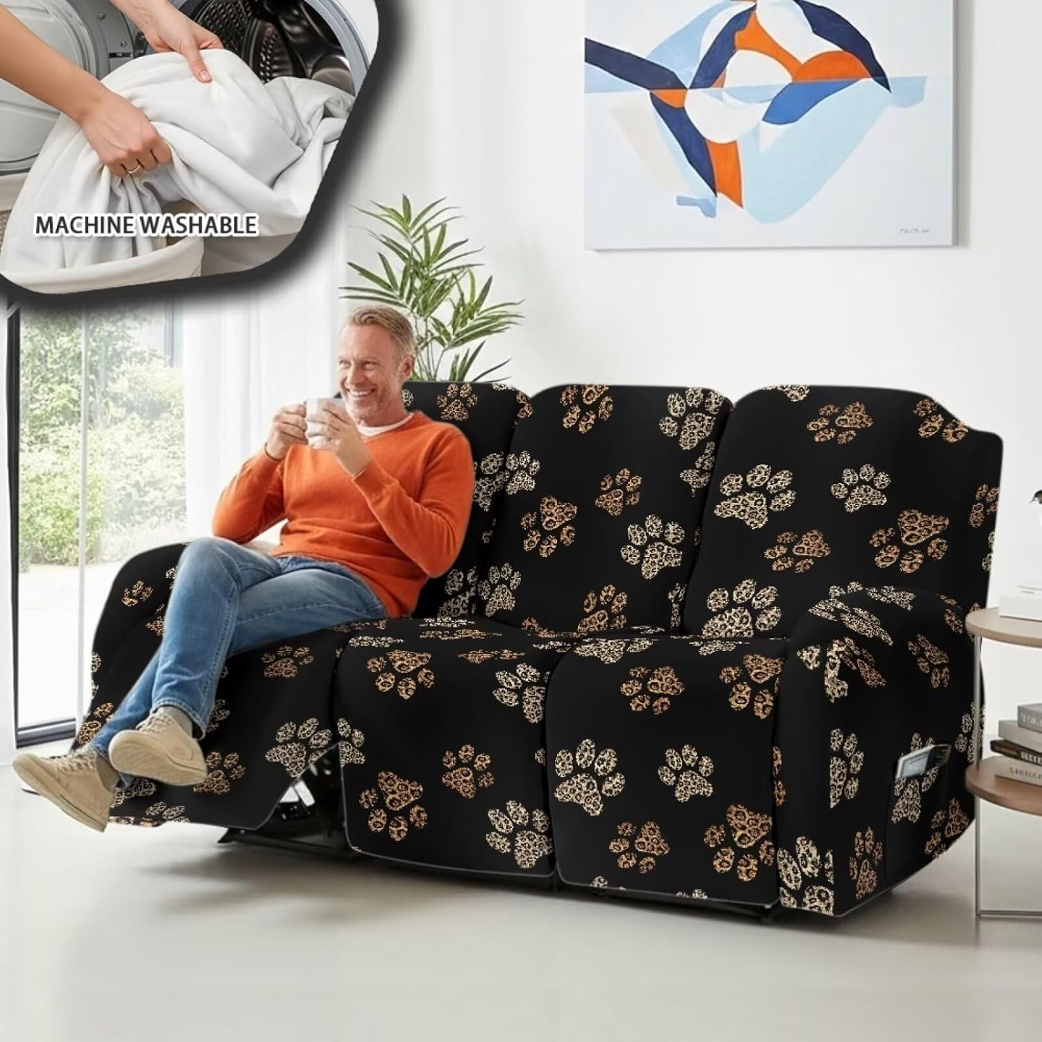 Dust Proof Recliner Chair Cover with Pockets, 3 Cushion Recliner Couch Cover with Side Pocket, Stretchable Soft Reclining Sofa Slipcover for Kids Pets, Paw Print Black