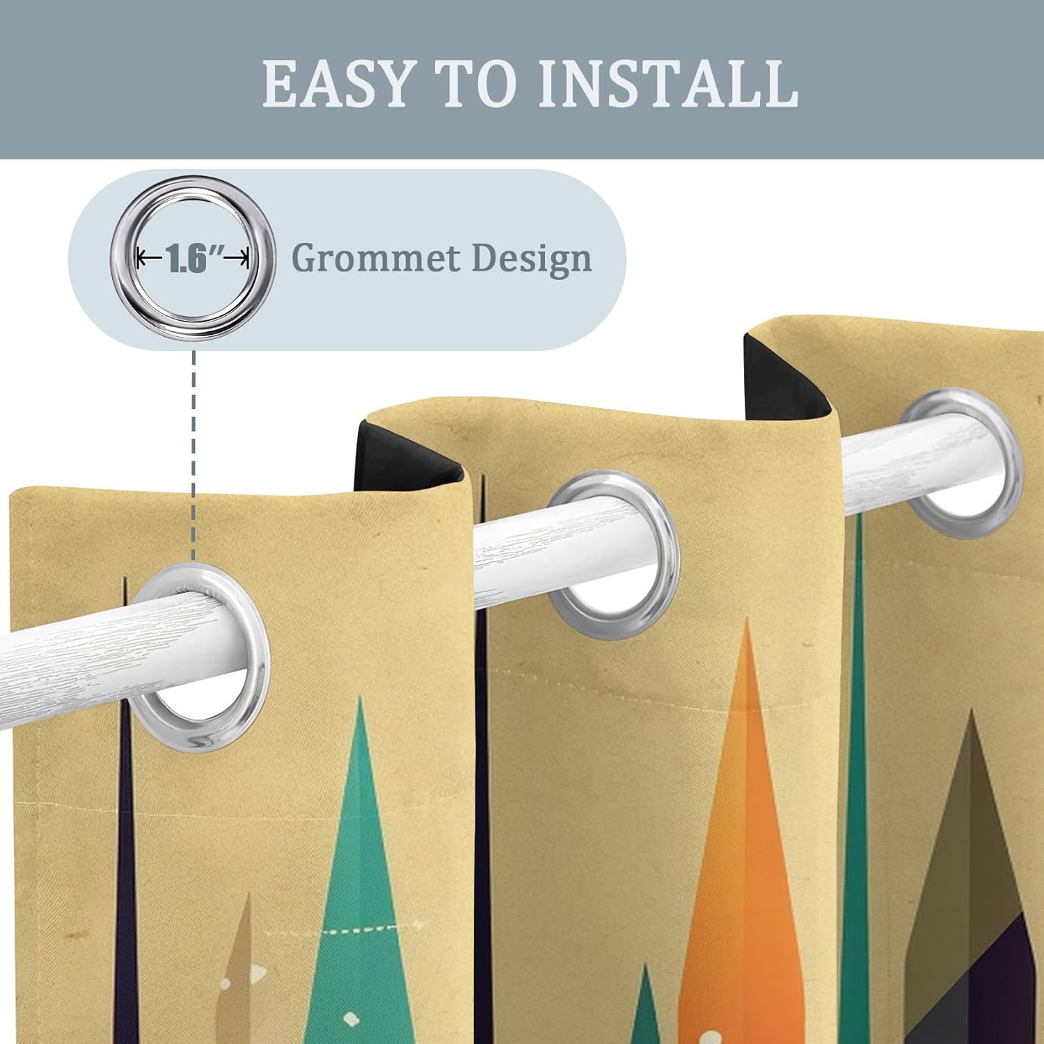 Retro Geometric Bedroom Curtains 63 Inch - Mid Century Modern Printed Living Room Curtains, Retro Geometric Home Decor Blackout Window Drapes with Grommet, 2 Panels Set - HL2982