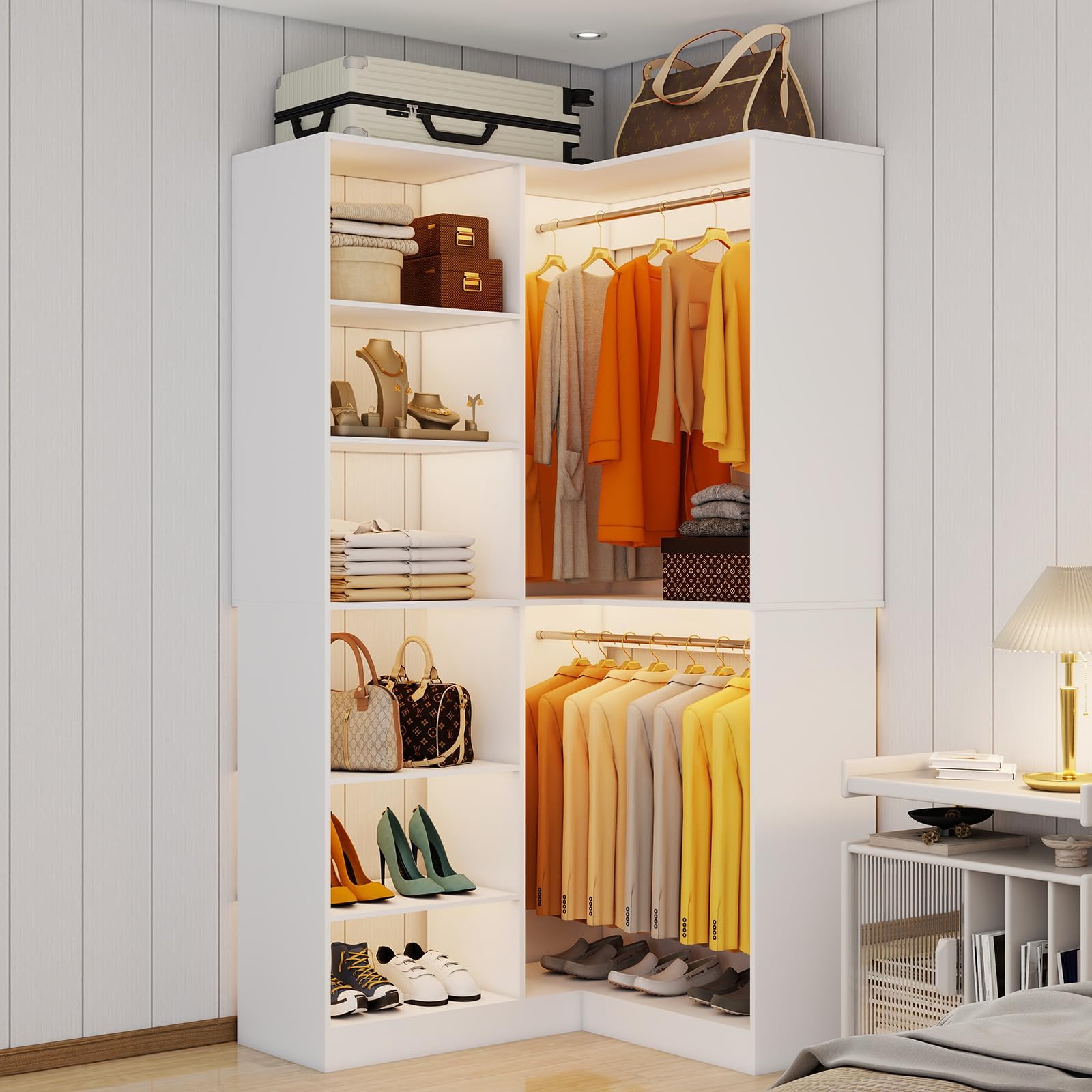 Corner Closet System with 6 Shelves, Custom 39.4"-78.8" Closet Organizer System with 3Hanging Rods, Walk in Corner Closet Organizers and Storage System, Freestanding Closet Storage System Corner,White