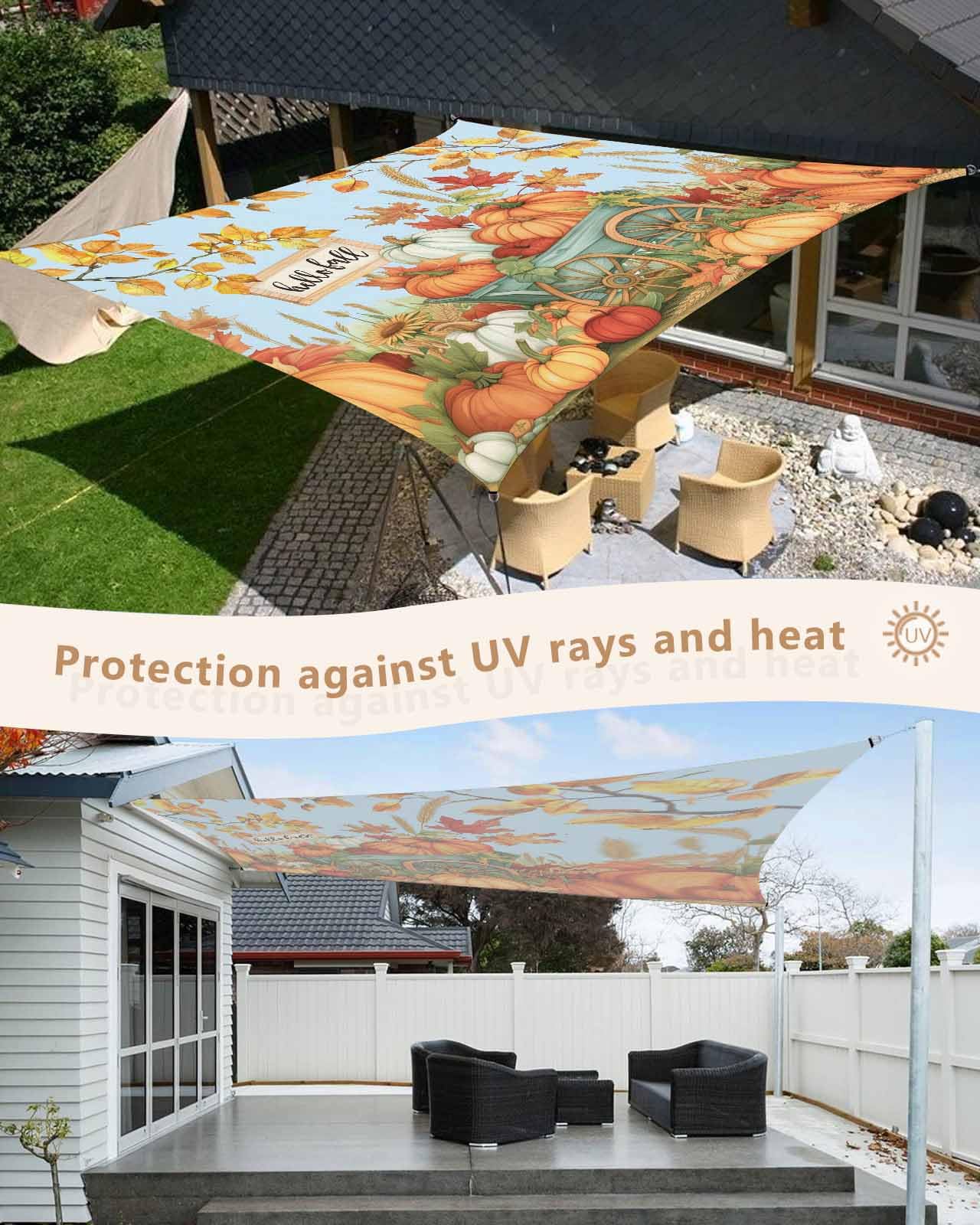 Sun Shade Sails Canopy 6.5'x10', Fall Maple Leaf Watercolor Pumpkin Pattern UV Protection Outdoor Shade Canopy, Rust Resistant Tear Patio Sail Shade for Sunshade Outdoor Patio Backyard Garden