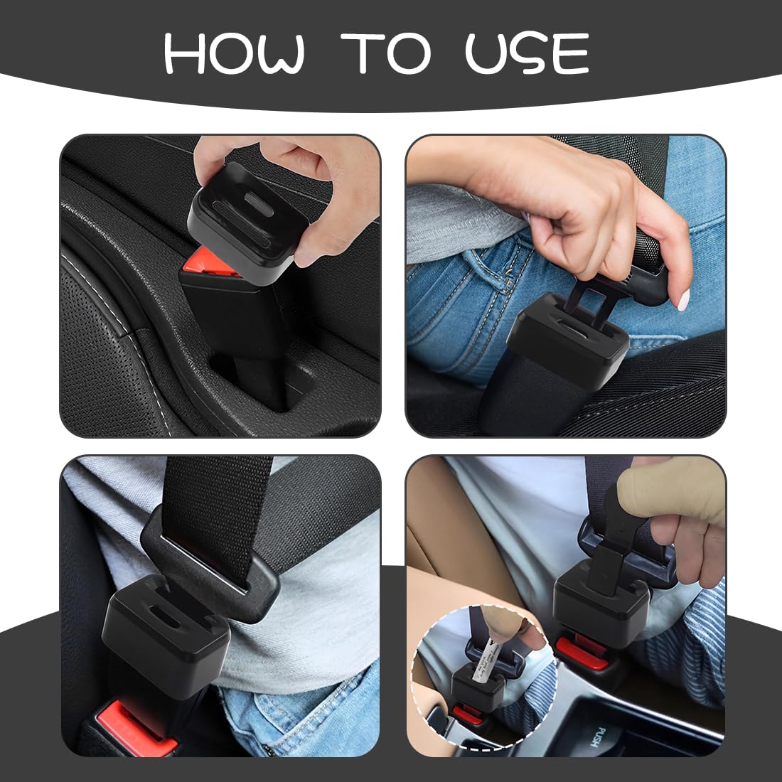 2 Pack Hebillas de cinturón de seguridad de coche negras para abrocharse los cinturones de seguridad - Compatible con la mayoría de las sillas de coche - Fácil de instalar y manejar
