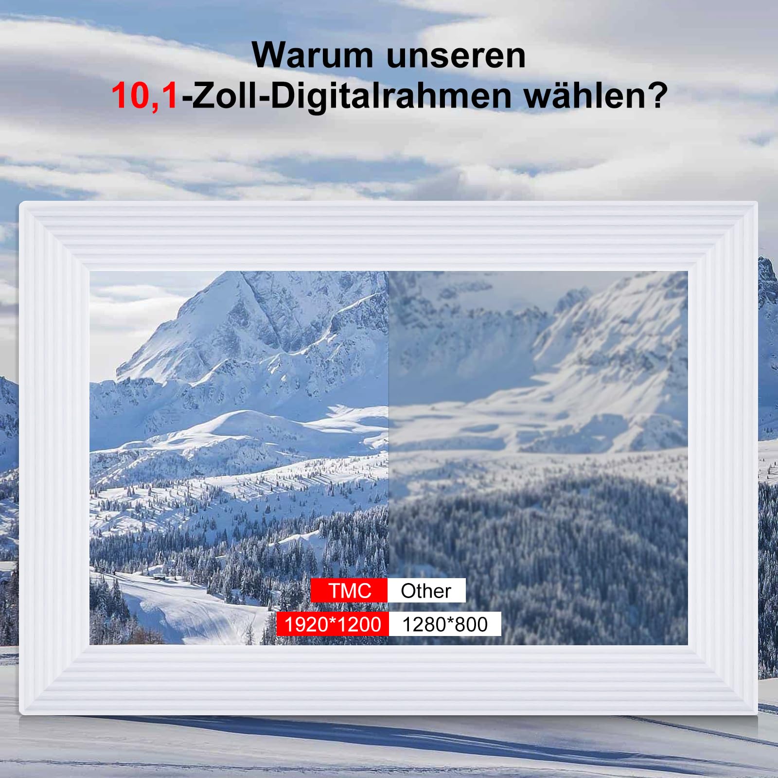 Digitaler Bilderrahmen Groß, Frameo Digital Photo Frame HD IPS Touchscreen - 10,1 Zoll, Elektronischer Bilderrahmen mit WLAN, 32GB, Auto Drehung, Wandmontierbar, Fotos/Videos teilen - Weiß