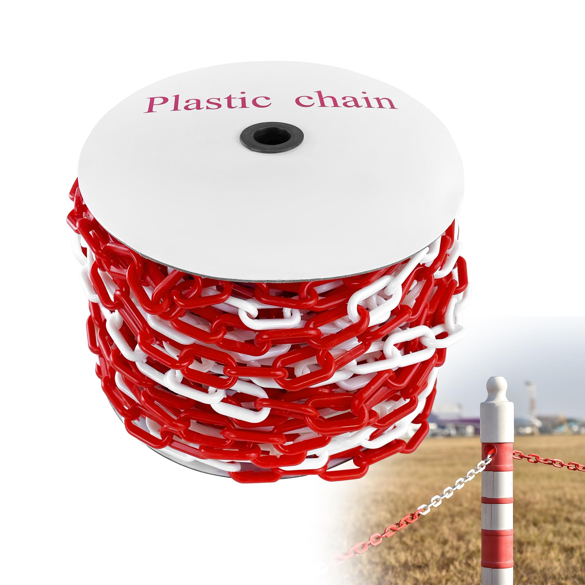 XMTECH Chaîne d'arrêt, en plastique, 6 mm de diamètre, 50 m de long, rouge et blanc, chaîne à maillons, chaîne de sécurité, pour chantier, résistante aux UV et au gel