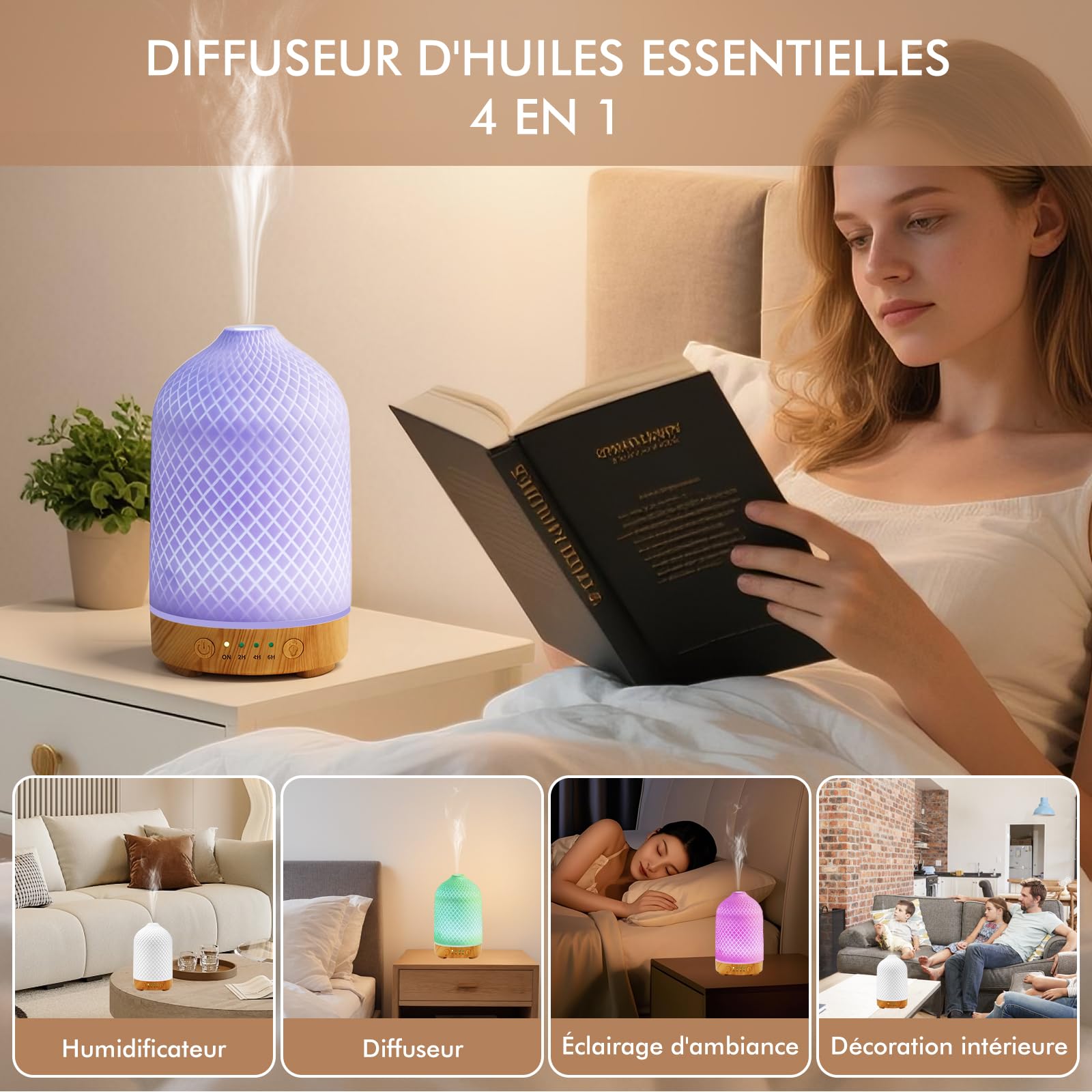 Diffuseur D'huiles Essentielles Diffuseur Electrique Ultrasonique Aromathérapie en Céramique 200ML avec Minuterie D'arrêt Automatique De 7 Couleurs pour Appartement Bureau Maison Yoga Cadeaux