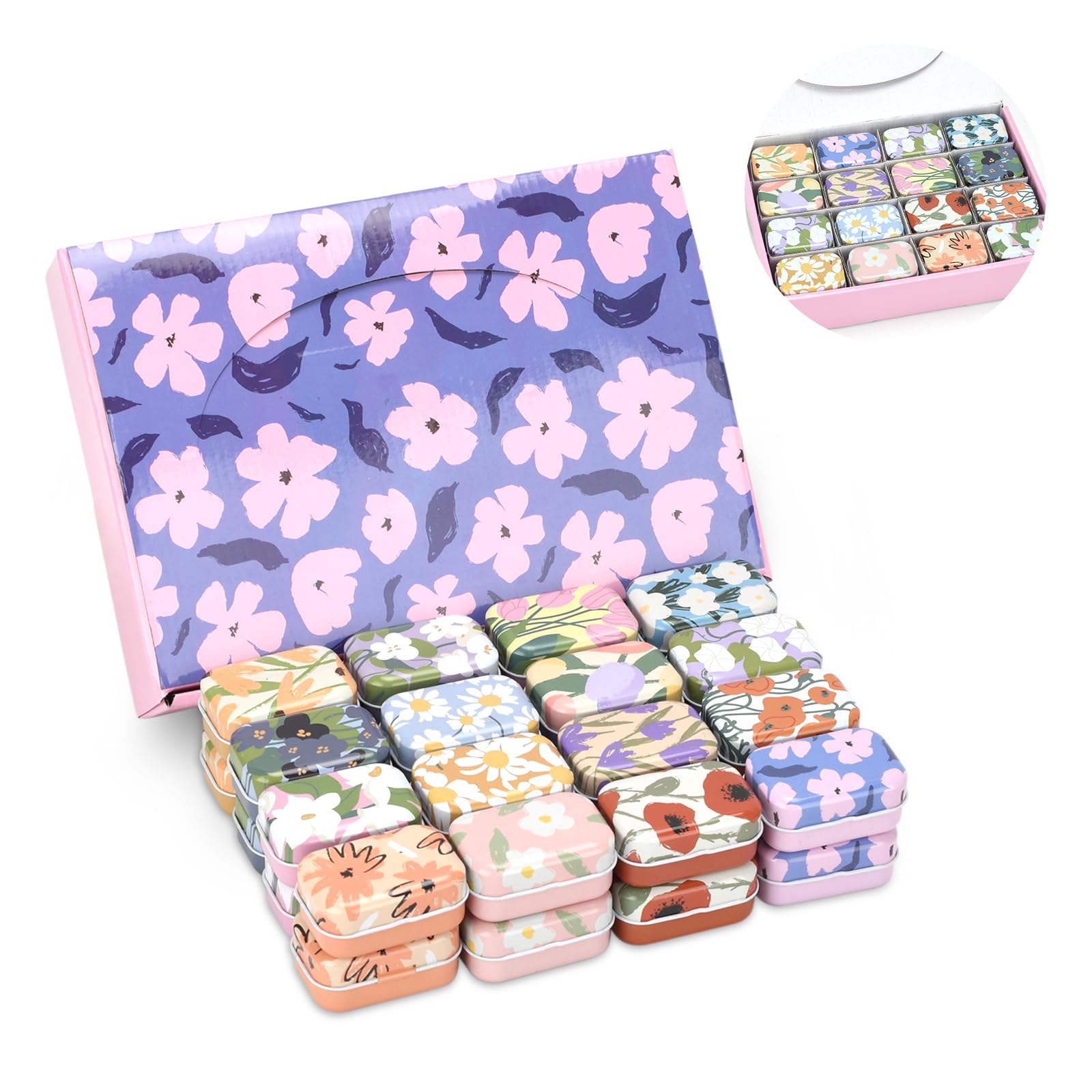 BYZCYSG Mini Storage Tin Box Set, 32 Pieces, 16 Designs, 6 x 4 x 2.5 cm, Decorative Metal Containers (Floral B)