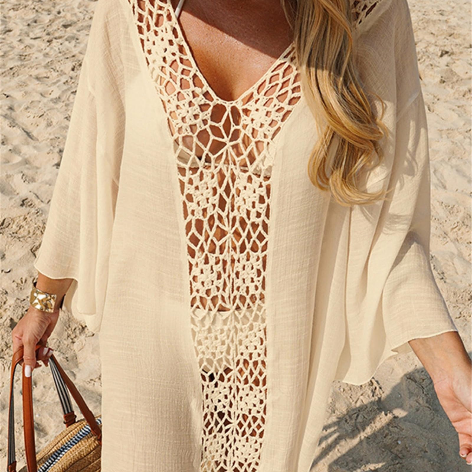 Abito da Spiaggia Cullo A V Manica Lunga Cavo Fuori al Gancio Maglia Tunica Beachwear Indossare Femminile Coprire Coperture Donne-White-m