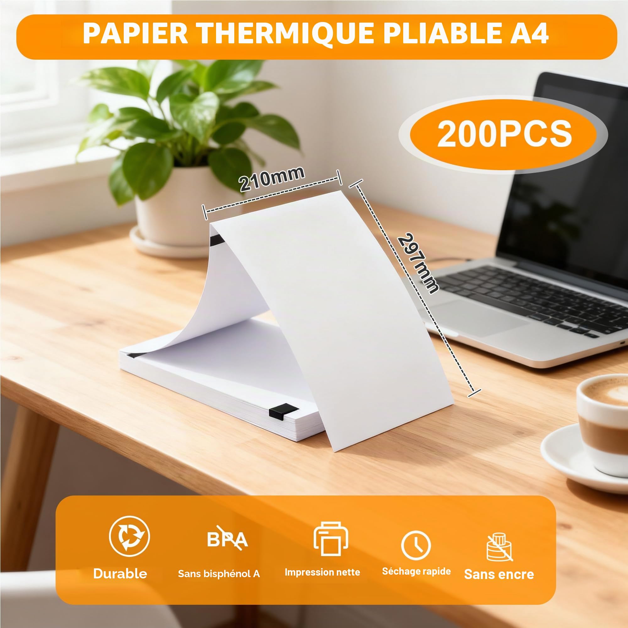 Papier Thermique A4 200 feuilles 210 x 297 mm Pliable pour imprimante thermique documents et photos