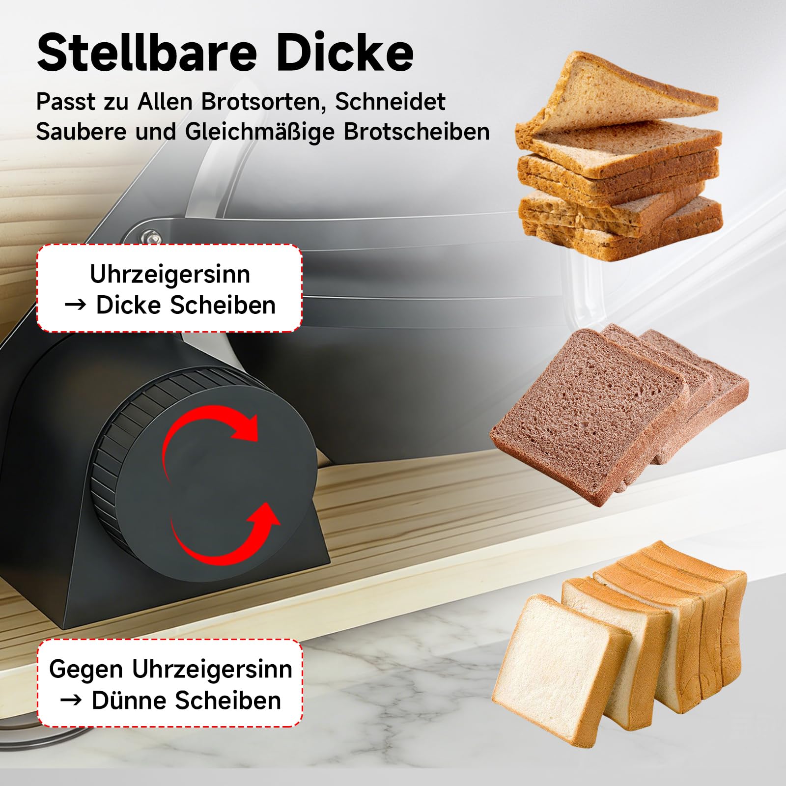 Brotschneidemaschine Manuell 0–15 mm Einstellbare Dicke, Rostfreie Stahlklinge, Skalenlinien & Saugnäpfe, Hell-Naturholz Design für Private und Kommerzielle Nutzung
