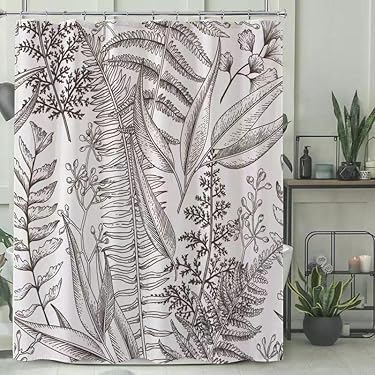 AMAZON - BIVINAR Extra Long Black and White Leaves Plant Shower Curtain, Fabric Botanical Shower Curtain, 72 x 84 Inch